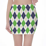 Navy Green And White Argyle Print Pencil Mini Skirt