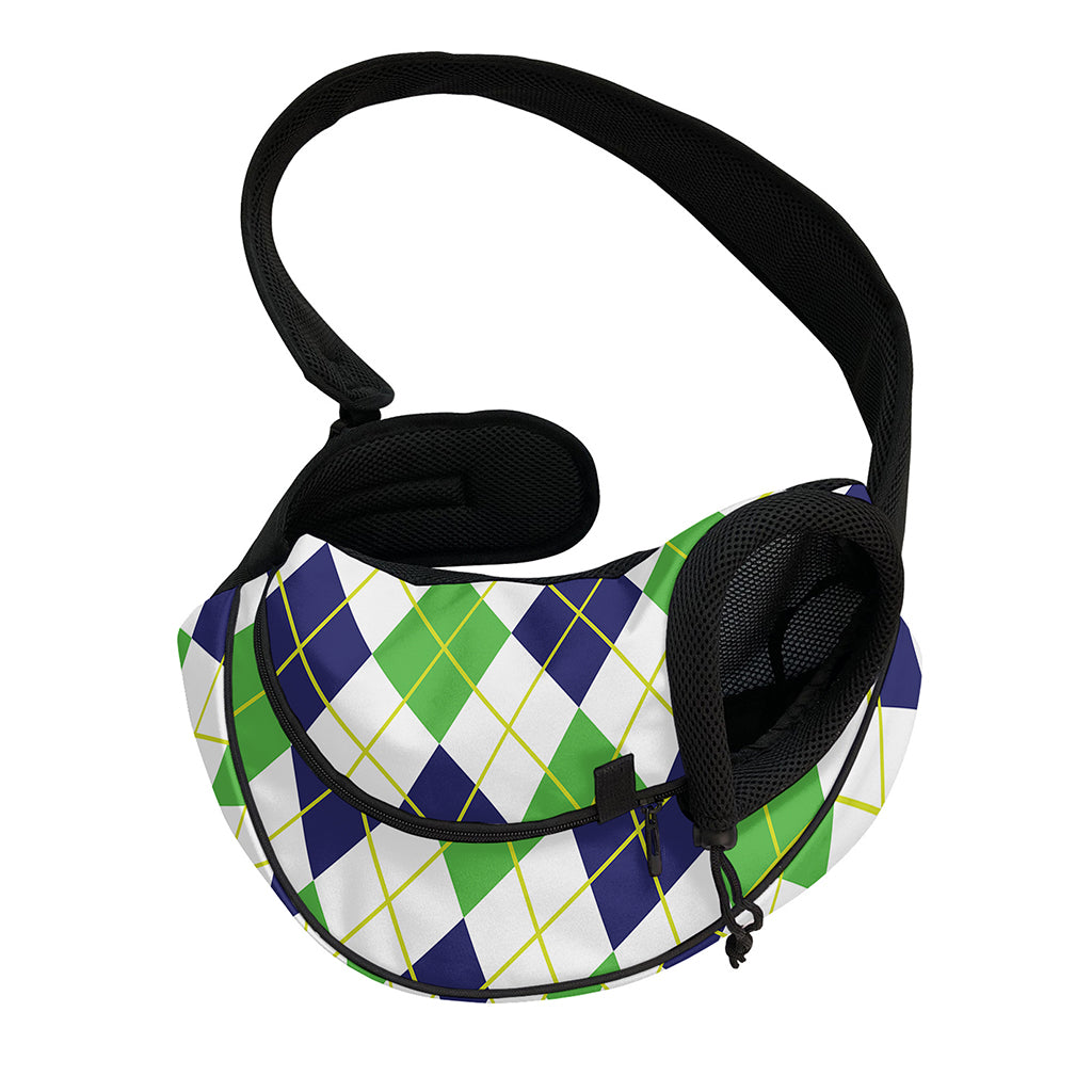 Navy Green And White Argyle Print Pet Sling Carrier