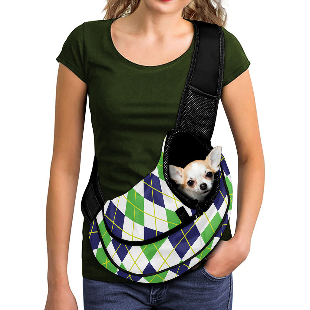 Navy Green And White Argyle Print Pet Sling Carrier