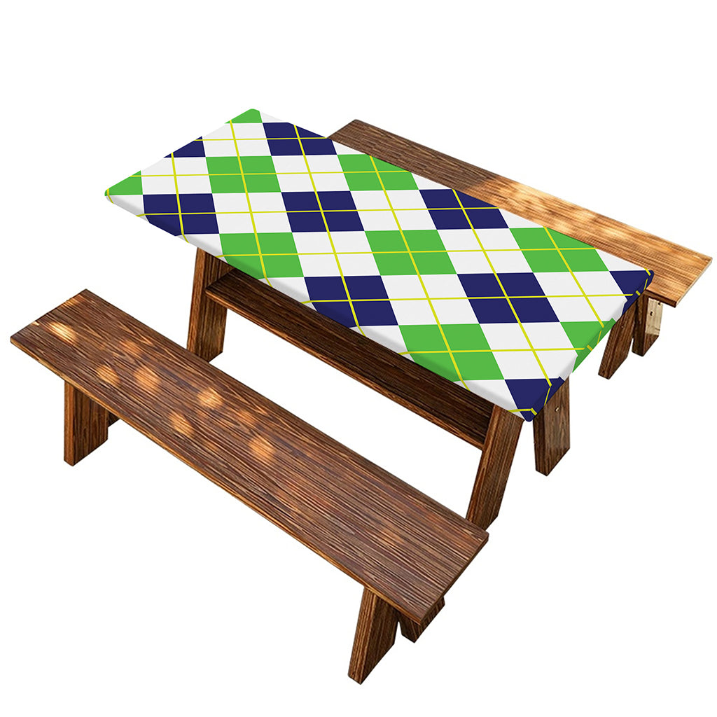 Navy Green And White Argyle Print Picnic Table Cover