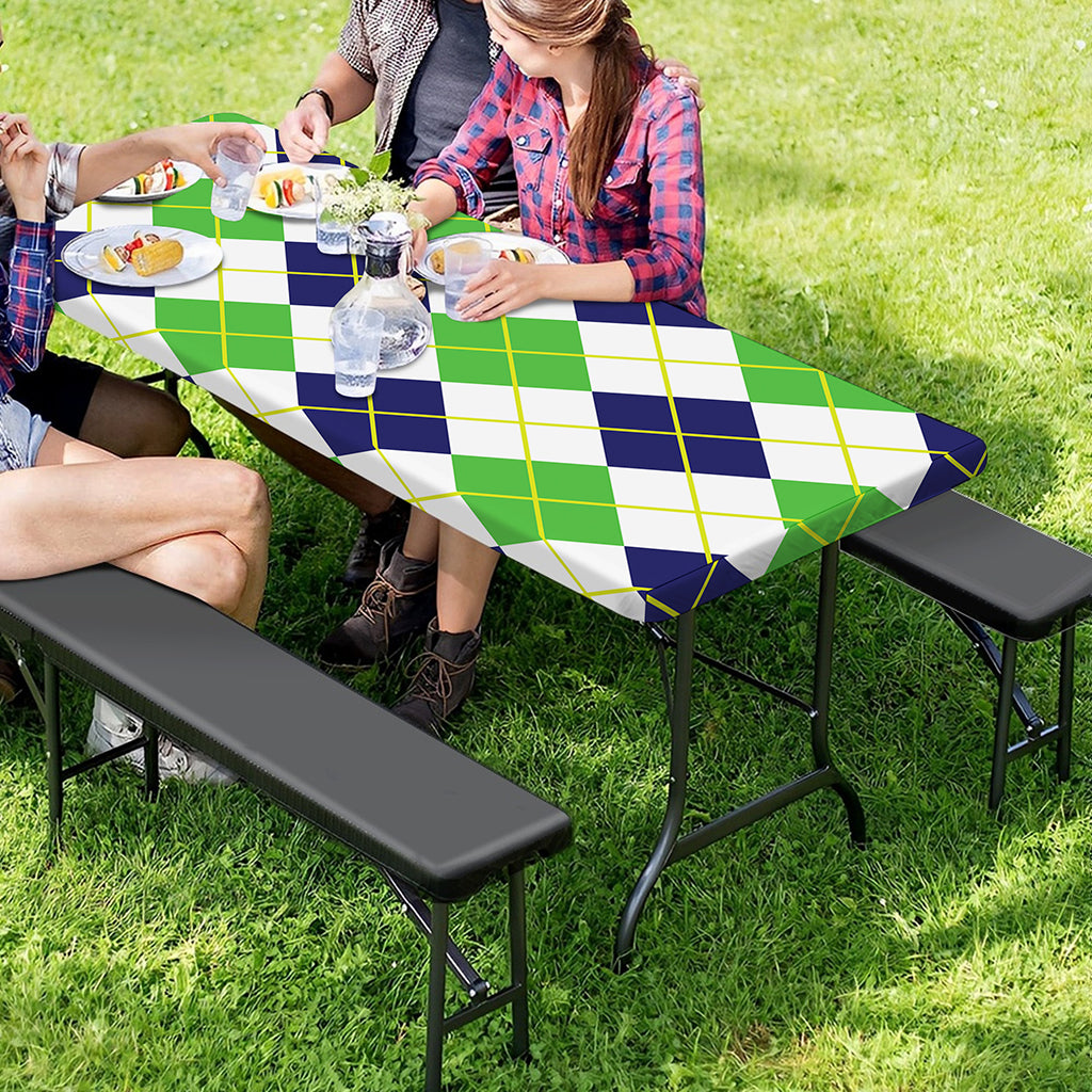 Navy Green And White Argyle Print Picnic Table Cover