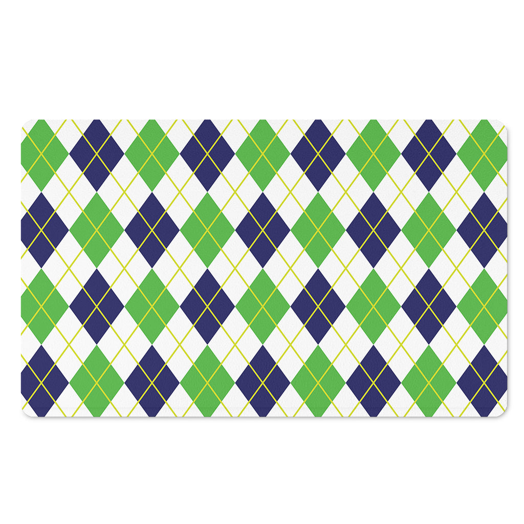 Navy Green And White Argyle Print Polyester Doormat