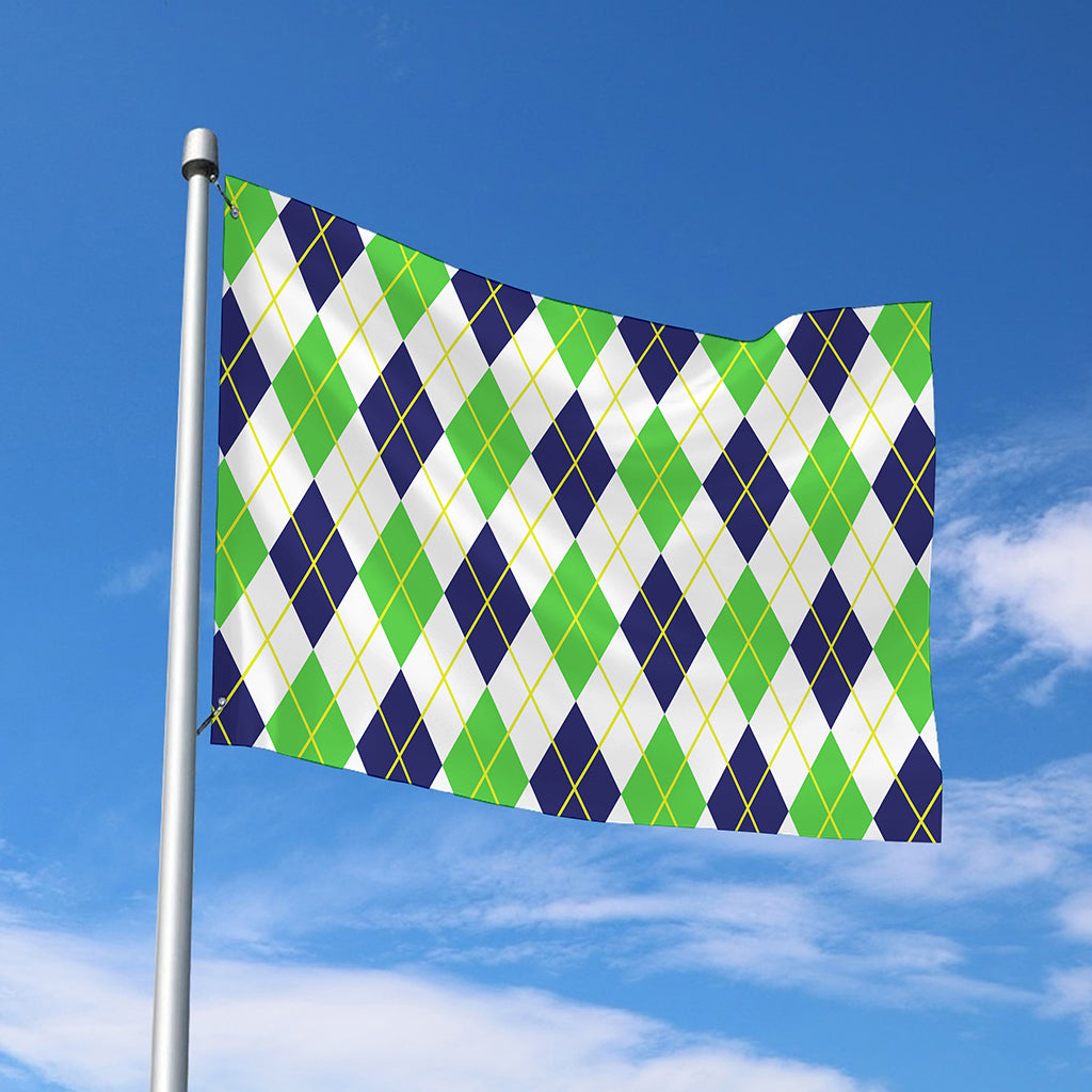 Navy Green And White Argyle Print Polyester Flag