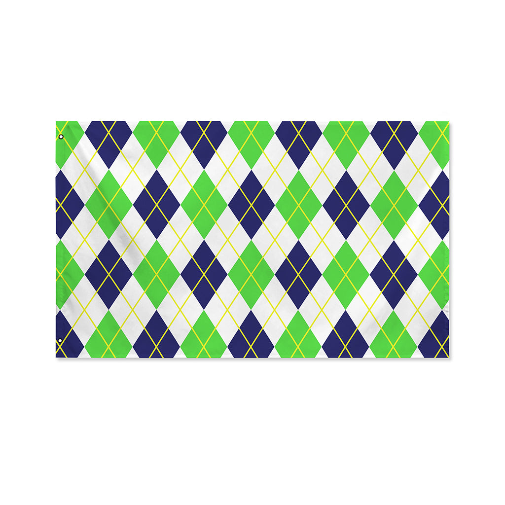 Navy Green And White Argyle Print Polyester Flag