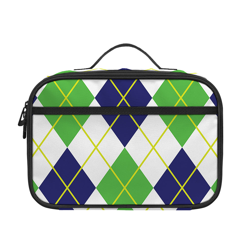 Navy Green And White Argyle Print Portable Lunch Bag