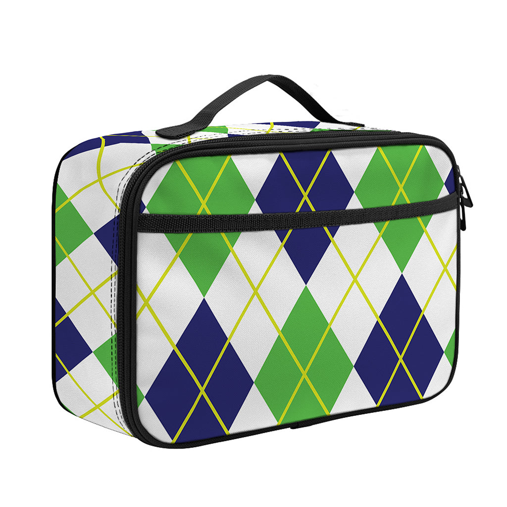 Navy Green And White Argyle Print Portable Lunch Bag