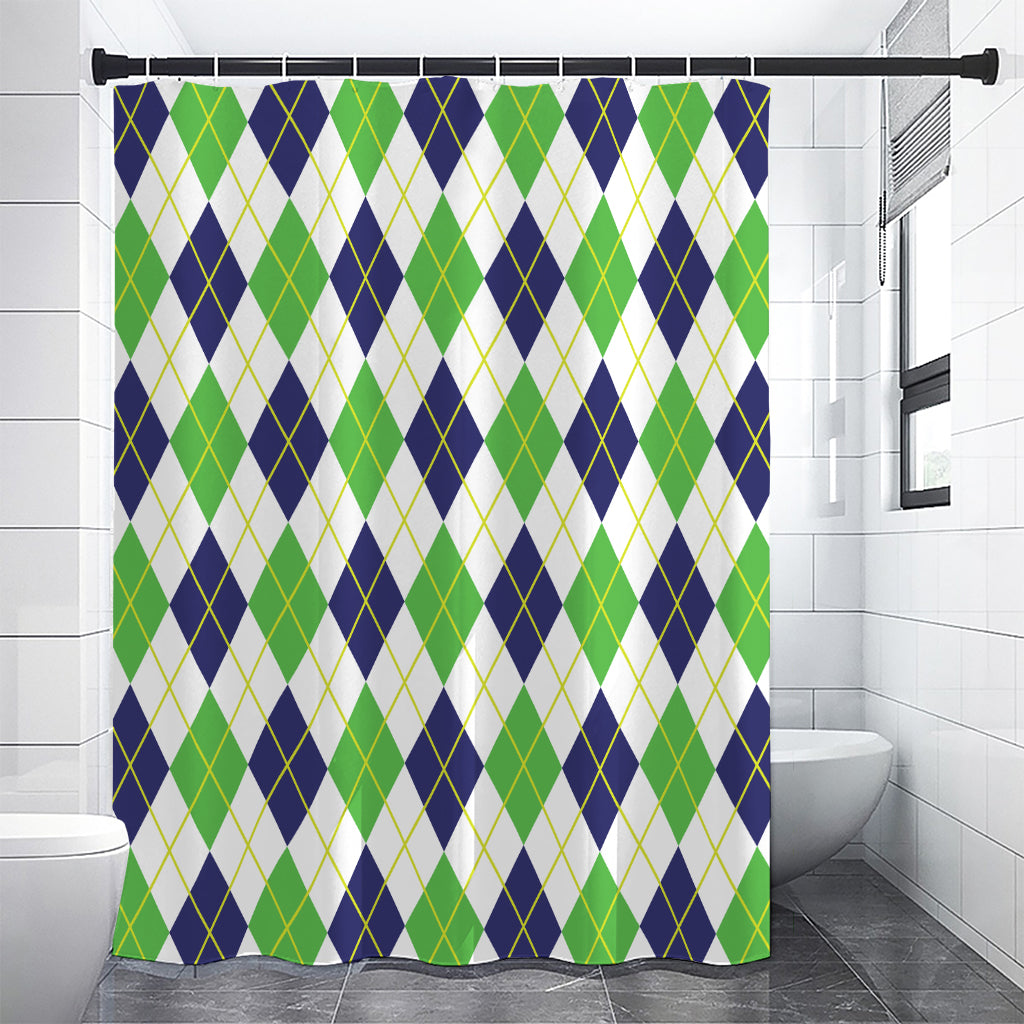 Navy Green And White Argyle Print Premium Shower Curtain