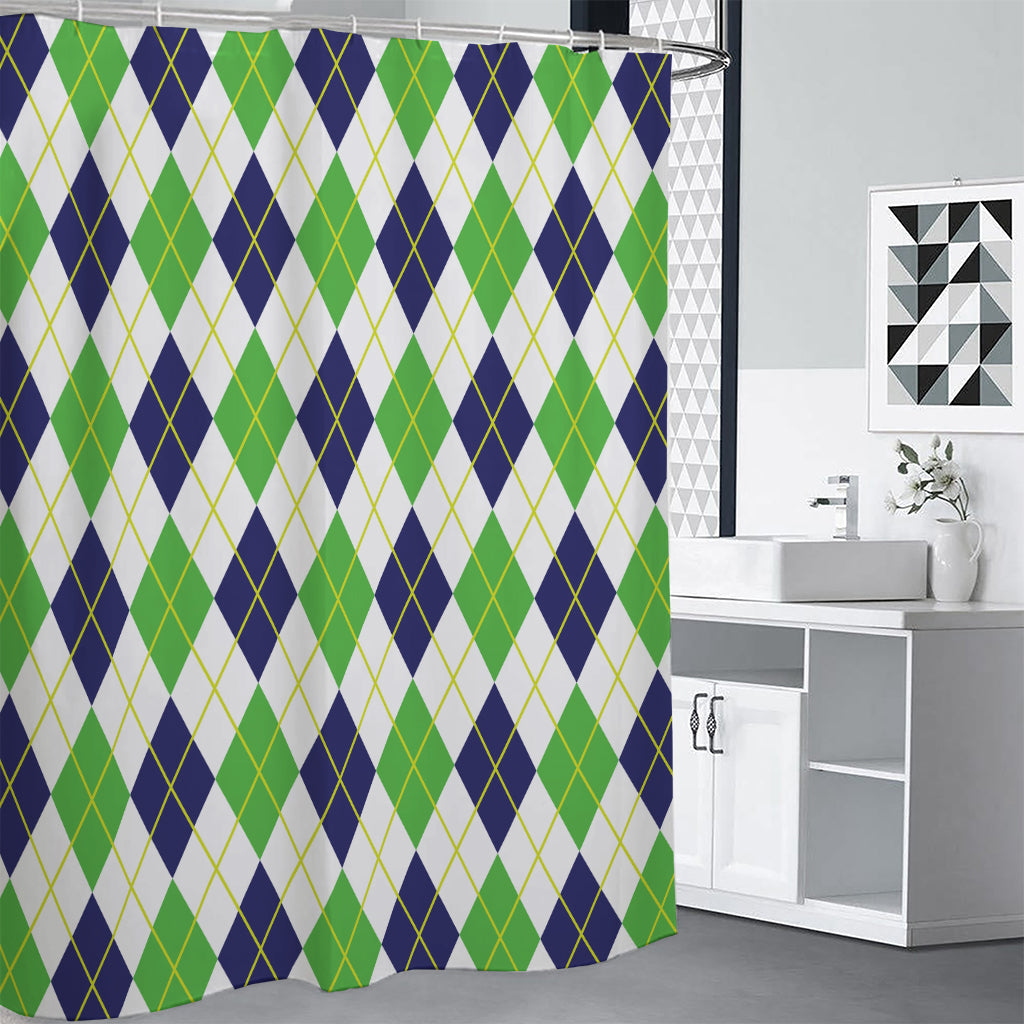 Navy Green And White Argyle Print Premium Shower Curtain