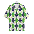 Navy Green And White Argyle Print Rayon Hawaiian Shirt