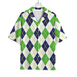 Navy Green And White Argyle Print Rayon Hawaiian Shirt