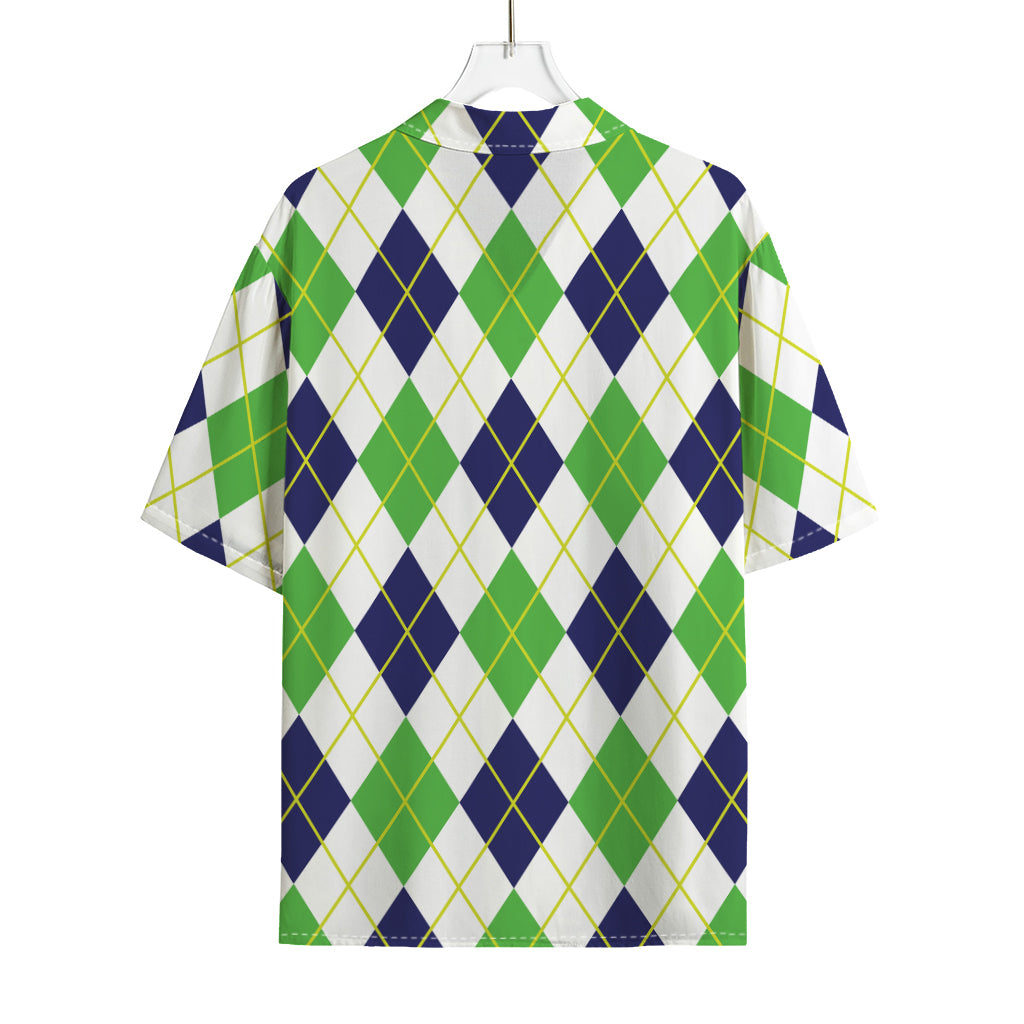 Navy Green And White Argyle Print Rayon Hawaiian Shirt