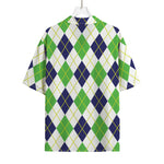 Navy Green And White Argyle Print Rayon Hawaiian Shirt