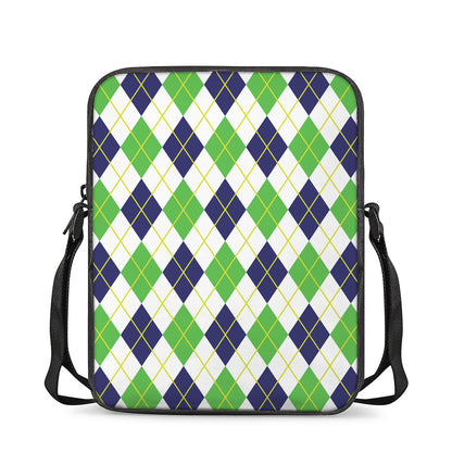Navy Green And White Argyle Print Rectangular Crossbody Bag