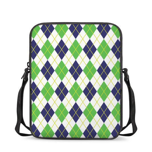 Navy Green And White Argyle Print Rectangular Crossbody Bag