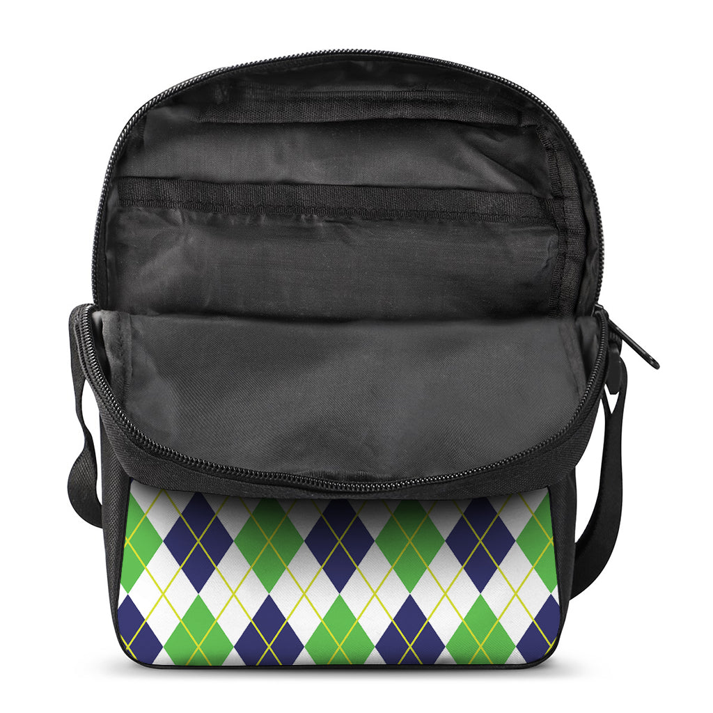Navy Green And White Argyle Print Rectangular Crossbody Bag