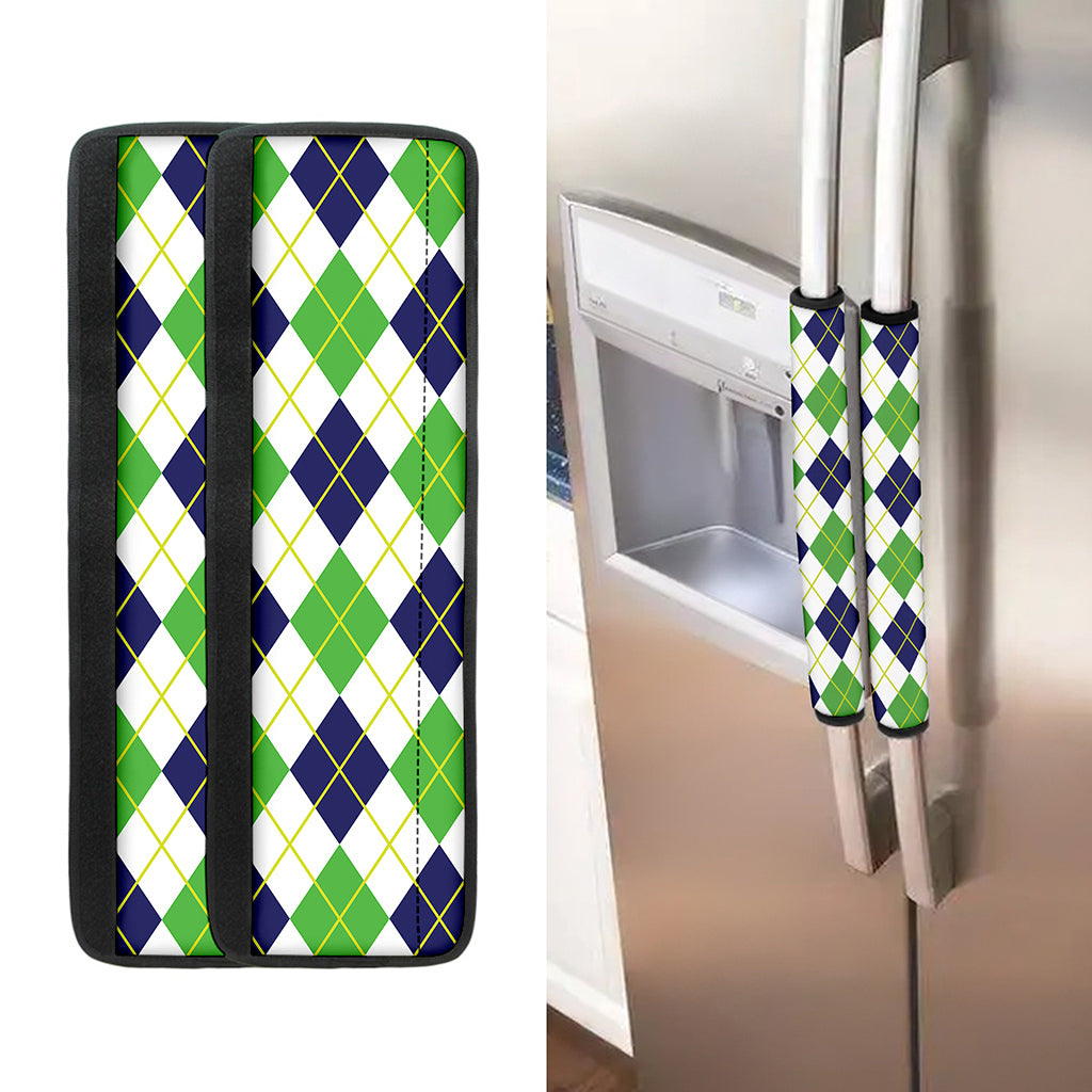 Navy Green And White Argyle Print Refrigerator Handle Covers