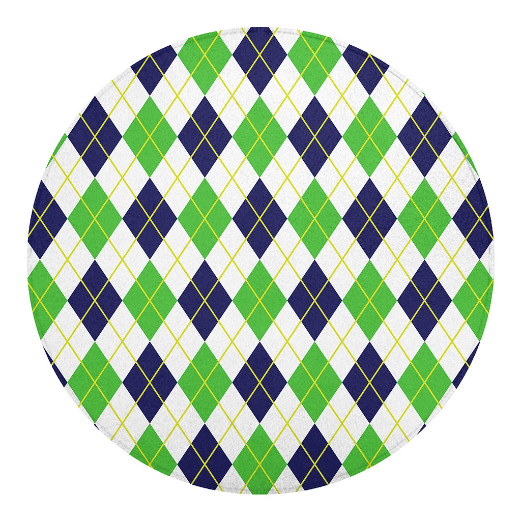 Navy Green And White Argyle Print Round Blanket