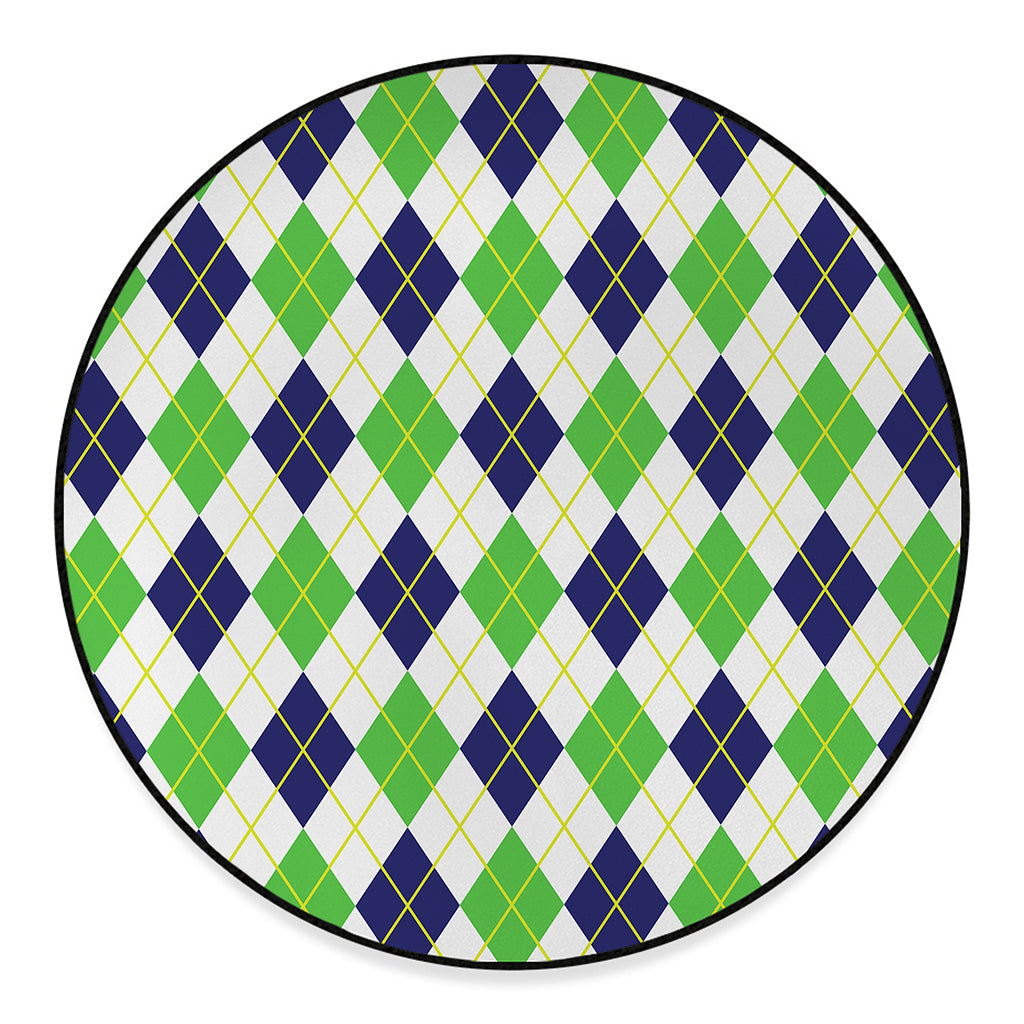 Navy Green And White Argyle Print Round Floor Mat