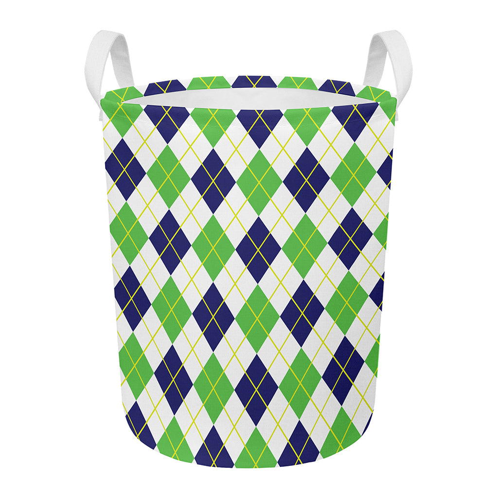 Navy Green And White Argyle Print Round Laundry Basket
