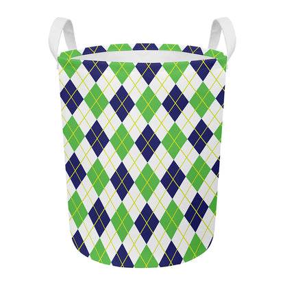 Navy Green And White Argyle Print Round Laundry Basket