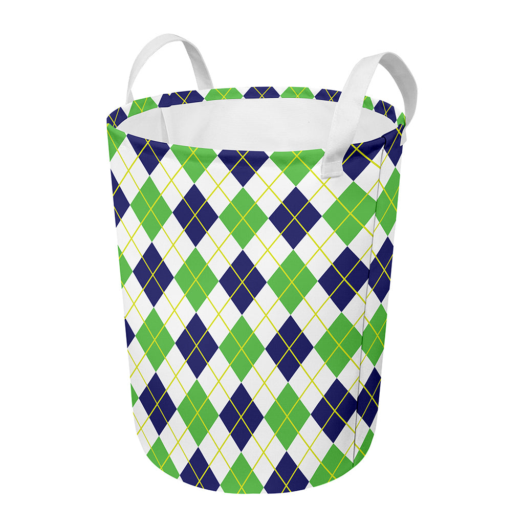 Navy Green And White Argyle Print Round Laundry Basket