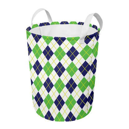 Navy Green And White Argyle Print Round Laundry Basket