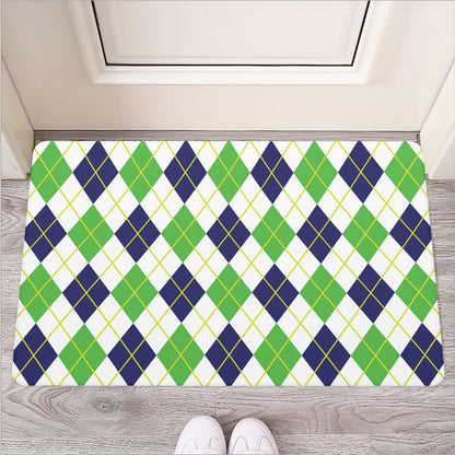 Navy Green And White Argyle Print Rubber Doormat