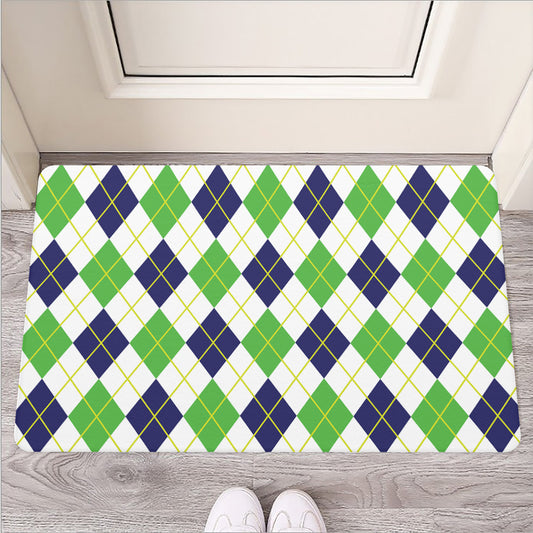 Navy Green And White Argyle Print Rubber Doormat