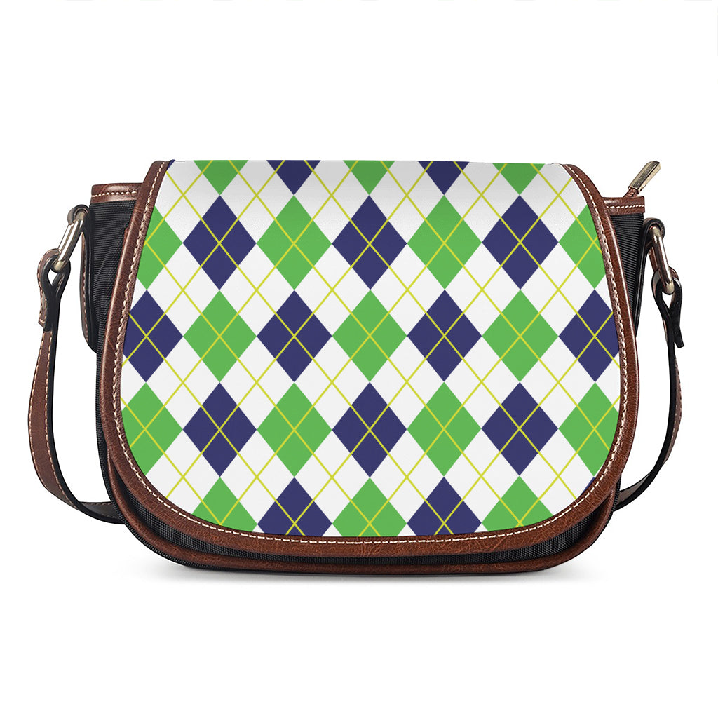 Navy Green And White Argyle Print Saddle Bag