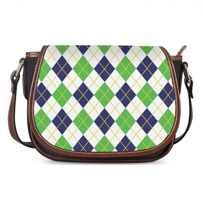 Navy Green And White Argyle Print Saddle Bag