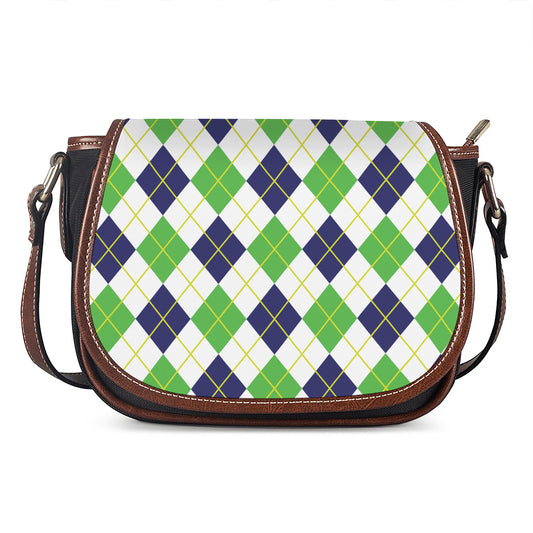 Navy Green And White Argyle Print Saddle Bag