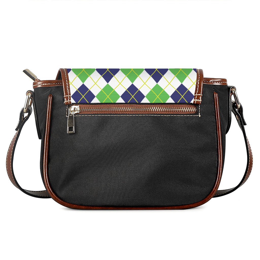 Navy Green And White Argyle Print Saddle Bag