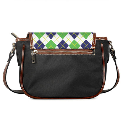 Navy Green And White Argyle Print Saddle Bag