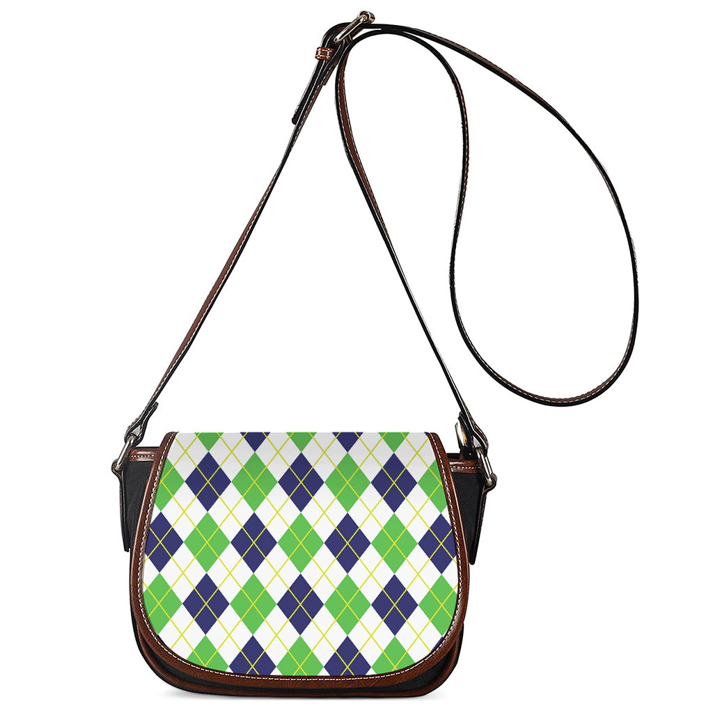 Navy Green And White Argyle Print Saddle Bag