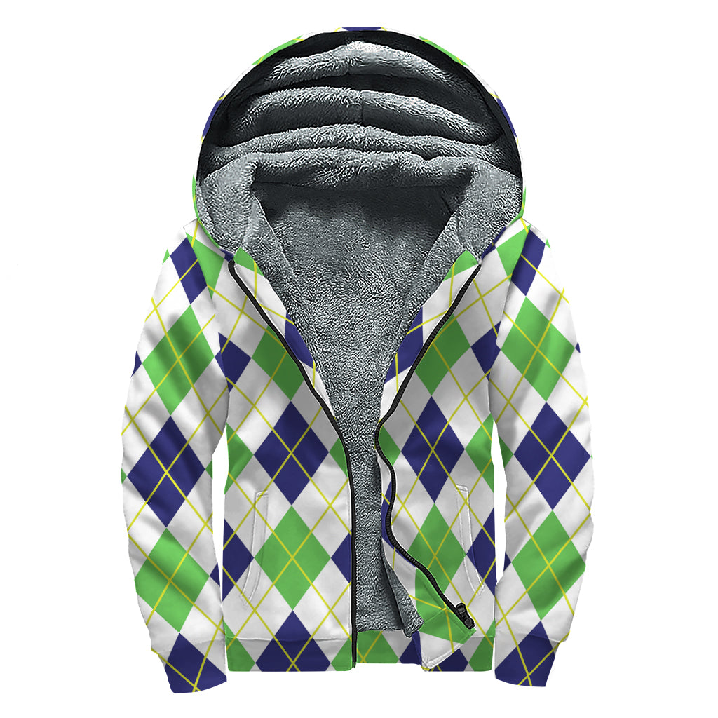 Navy Green And White Argyle Print Sherpa Lined Zip Up Hoodie