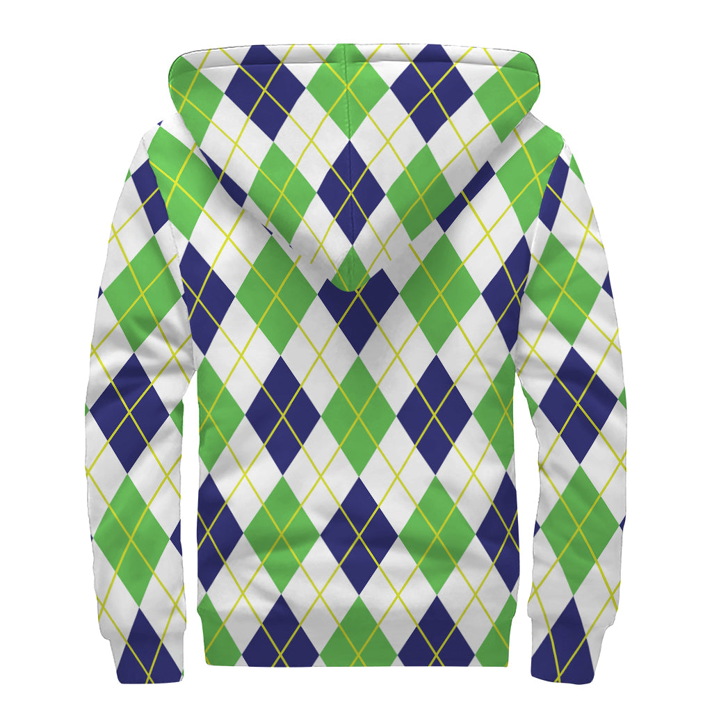 Navy Green And White Argyle Print Sherpa Lined Zip Up Hoodie
