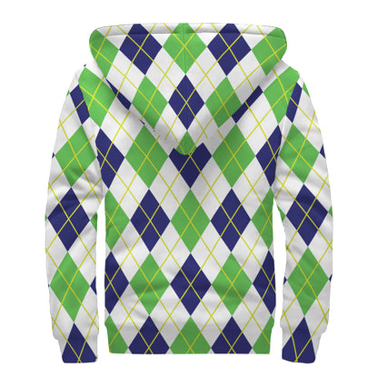 Navy Green And White Argyle Print Sherpa Lined Zip Up Hoodie