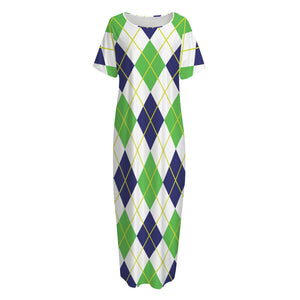 Navy Green And White Argyle Print Short Sleeve Long Nightdress