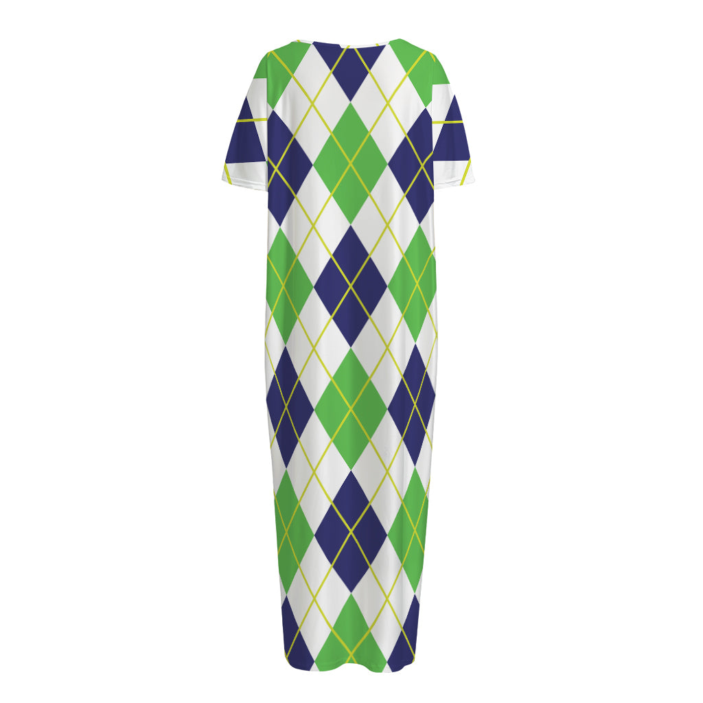 Navy Green And White Argyle Print Short Sleeve Long Nightdress