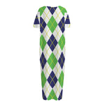 Navy Green And White Argyle Print Short Sleeve Long Nightdress