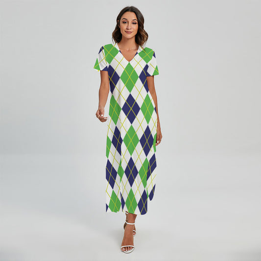 Navy Green And White Argyle Print Short Sleeve Maxi Dress