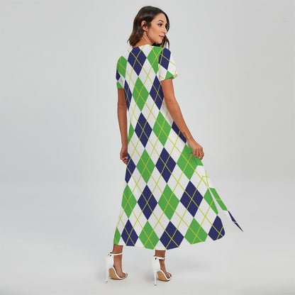 Navy Green And White Argyle Print Short Sleeve Maxi Dress