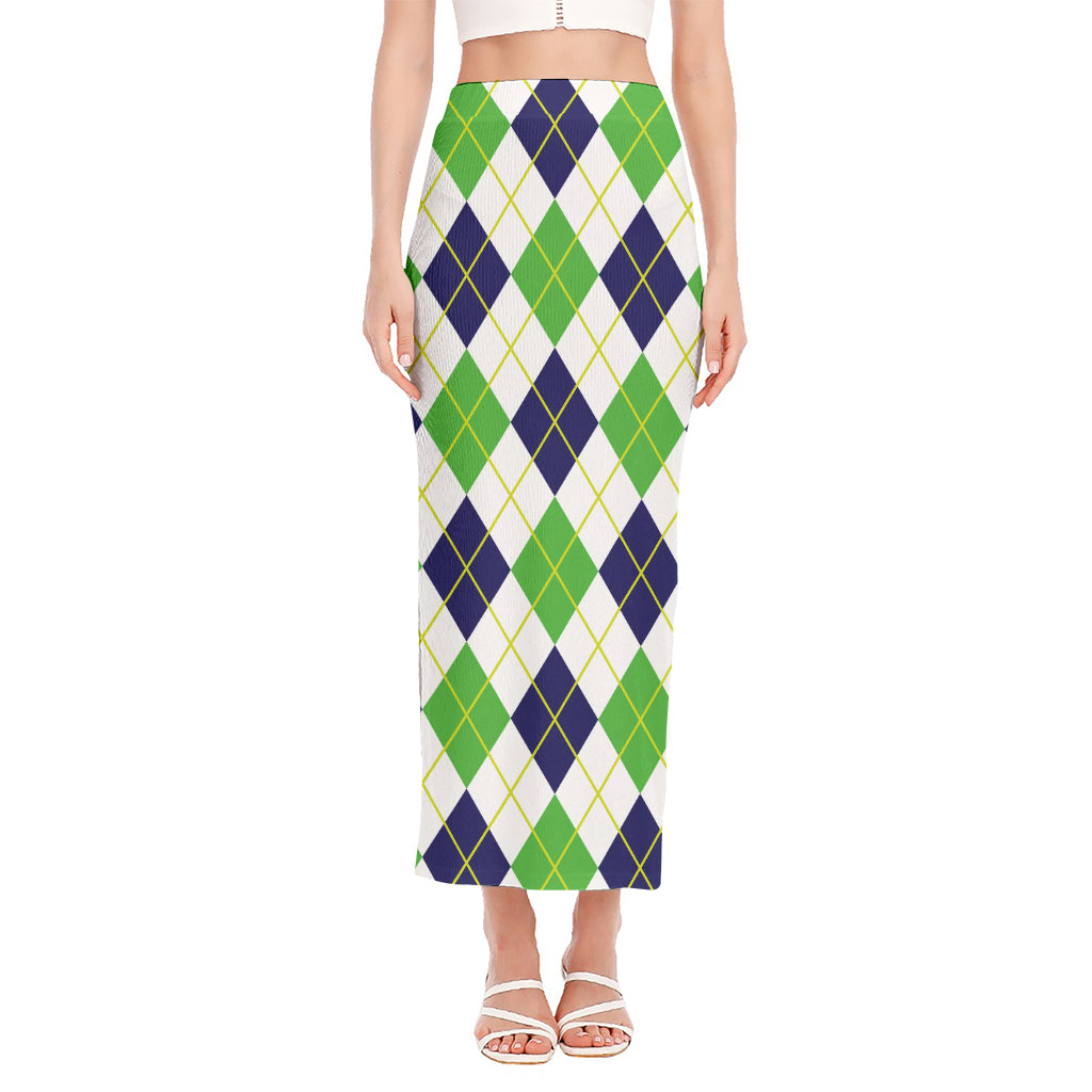 Navy Green And White Argyle Print Side Slit Maxi Skirt