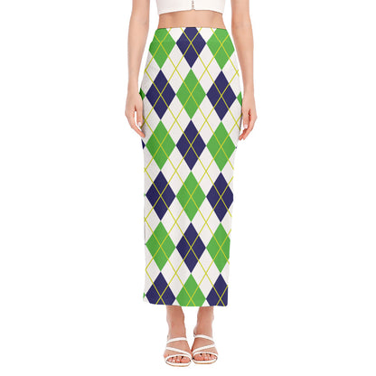Navy Green And White Argyle Print Side Slit Maxi Skirt