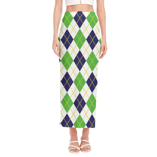 Navy Green And White Argyle Print Side Slit Maxi Skirt