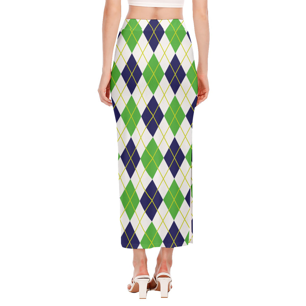 Navy Green And White Argyle Print Side Slit Maxi Skirt