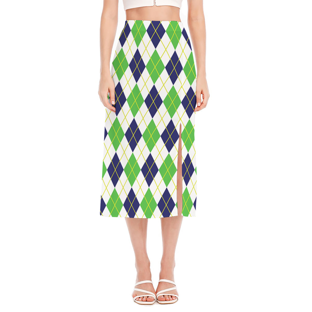 Navy Green And White Argyle Print Side Slit Midi Skirt