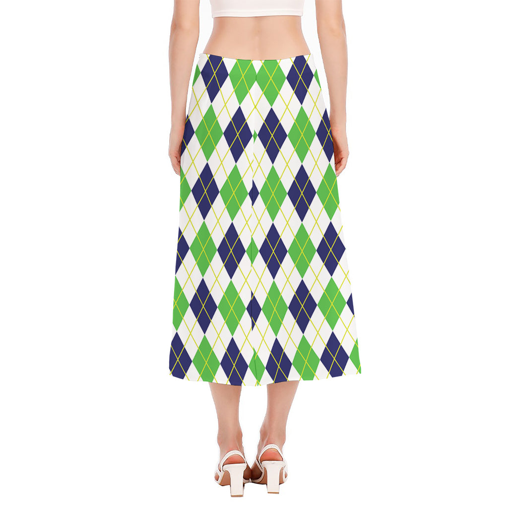 Navy Green And White Argyle Print Side Slit Midi Skirt