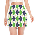 Navy Green And White Argyle Print Side Slit Mini Skirt