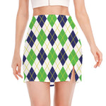 Navy Green And White Argyle Print Side Slit Mini Skirt